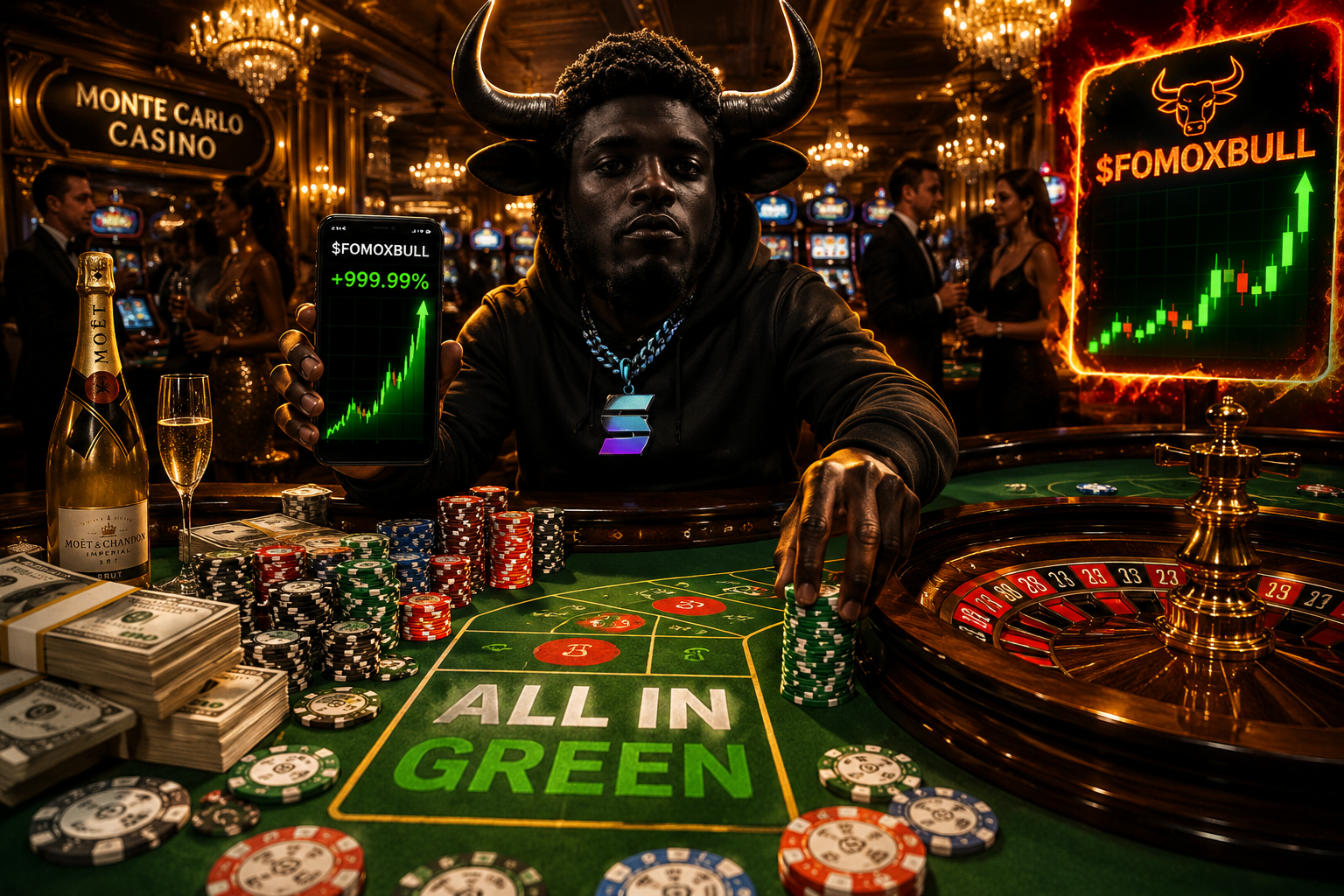 The bull at a green table under chandeliers, surrounded by chips and noise
