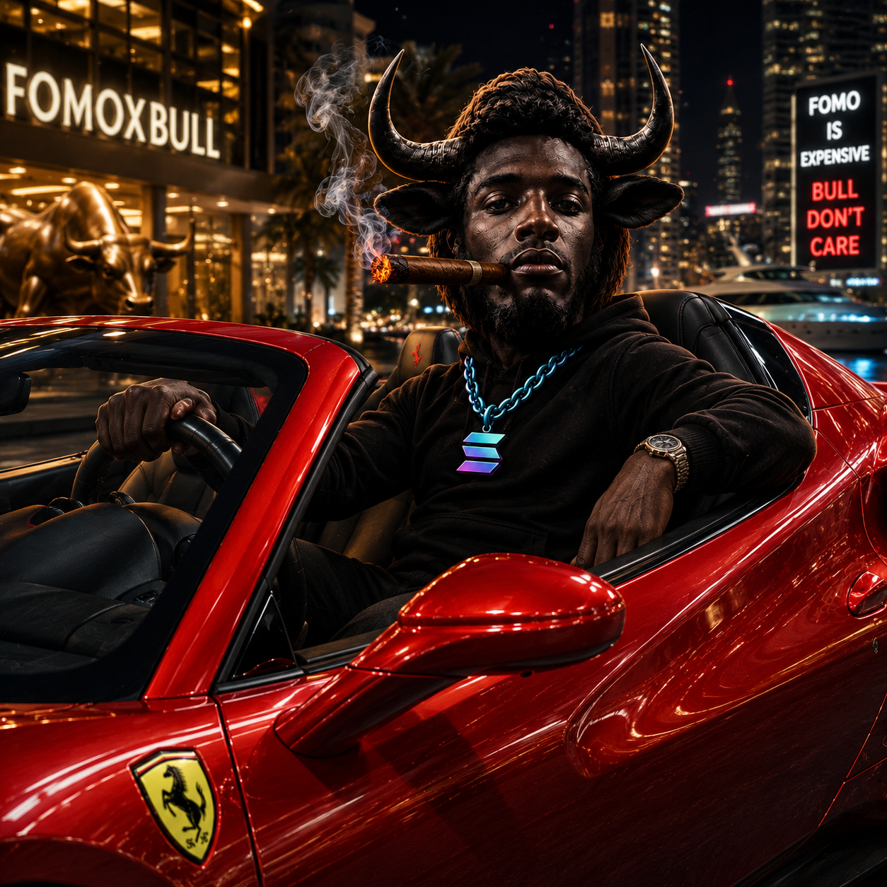 The bull driving a red convertible at night past a lit FOMOXBULL sign and a golden bull statue