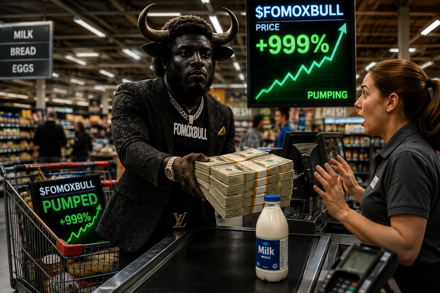 The bull under bright aisle lights while the noise around him keeps talking
