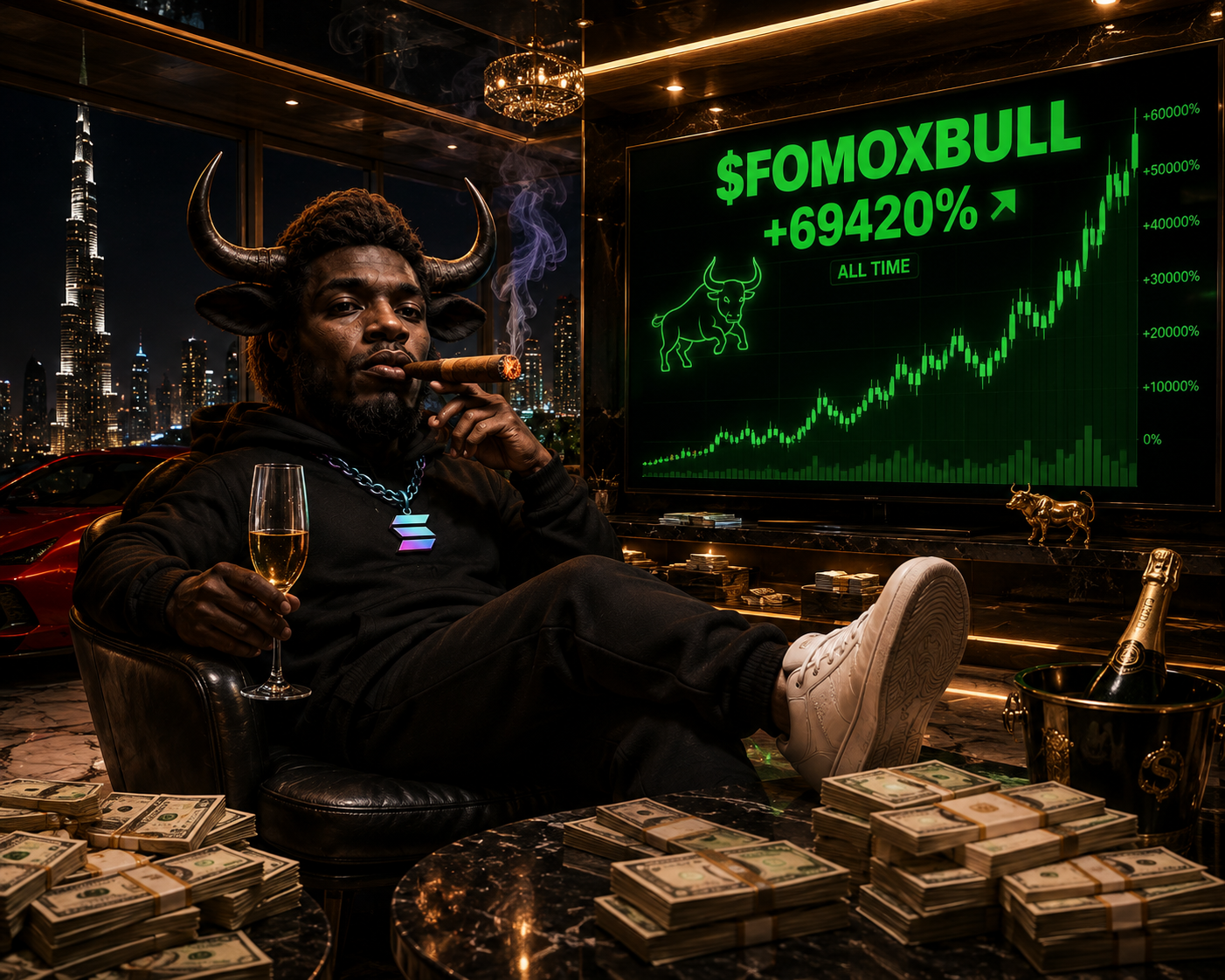 The bull seated calmly in a dark room above a glowing night skyline