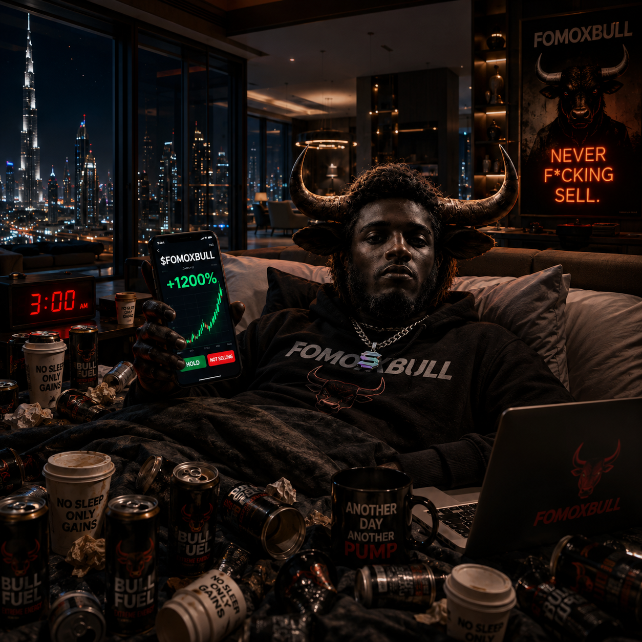The bull awake at 3:00 AM among empty cans, lit only by a phone screen